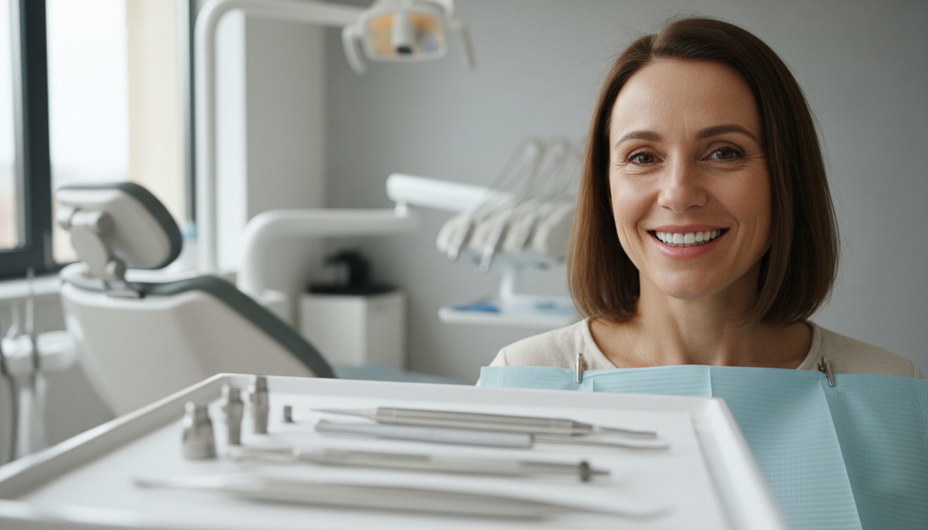 Happy patient with dental implants smiling confidently in a modern dental office consultation room