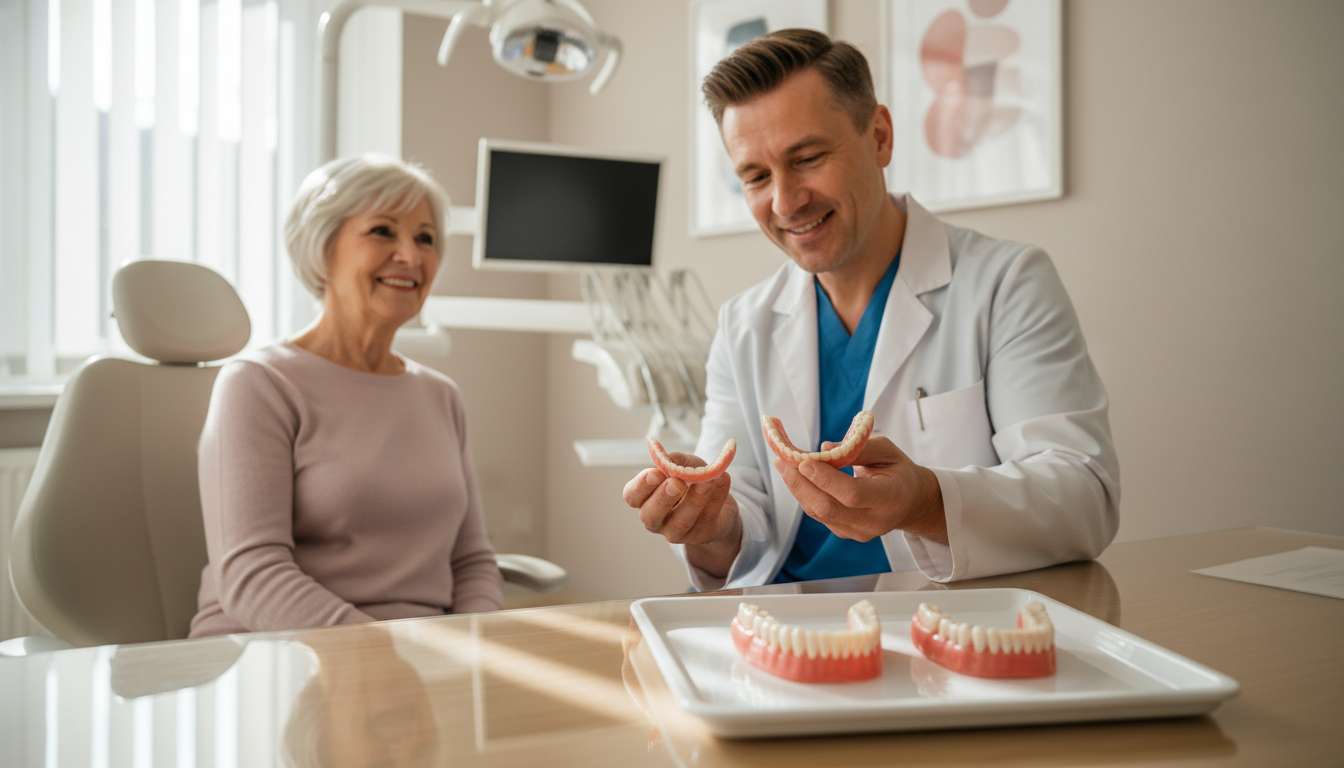 A dentist consulting with a patient about different types of modern dentures in a bright, welcoming dental office