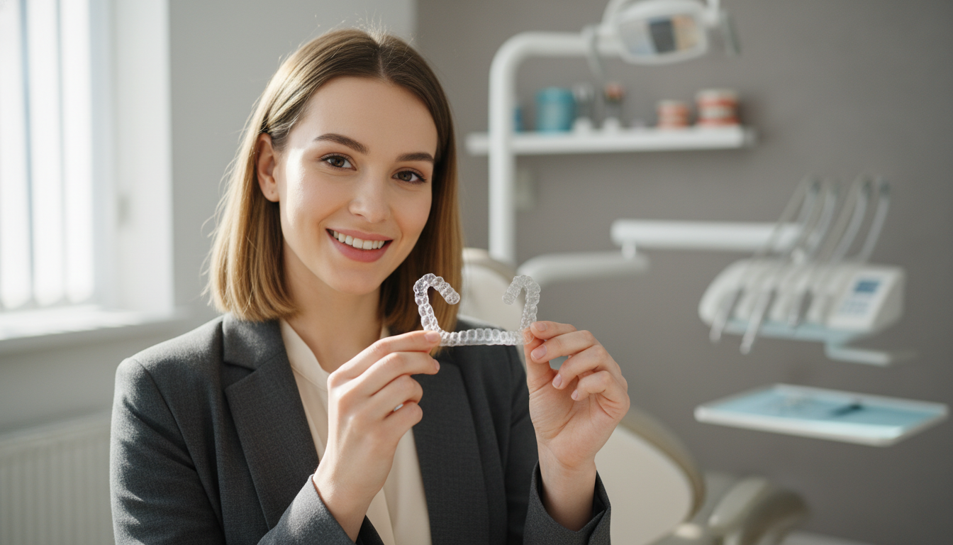Patient holding clear Invisalign treatment aligners during orthodontic consultation in modern dental office