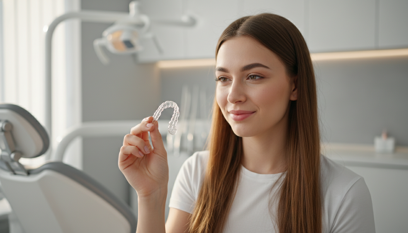 Young woman examining her clear orthodontic retainer in a modern dental clinic, demonstrating proper retainer care after orthodontic treatment