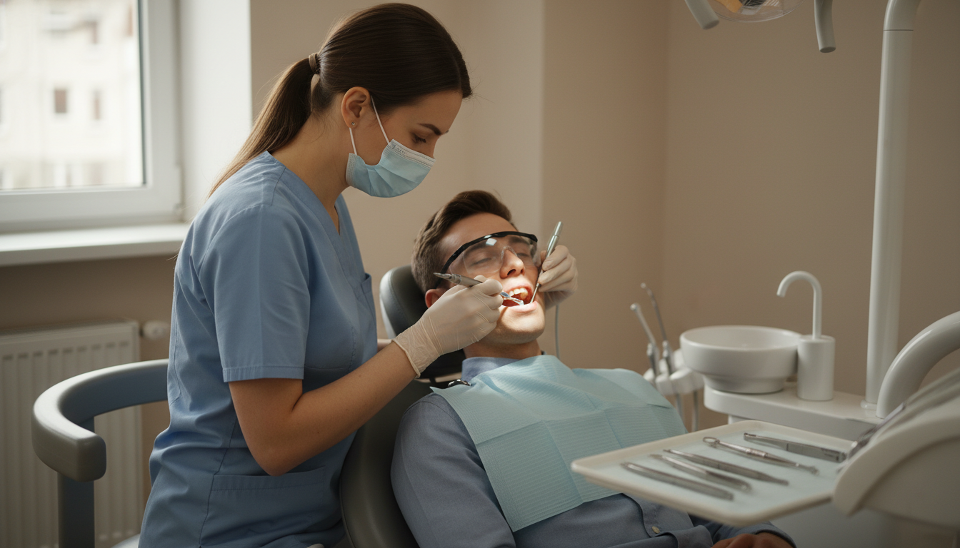 Dental hygienist performing professional dental hygiene cleaning on a patient in a modern, well-lit dental office treatment room